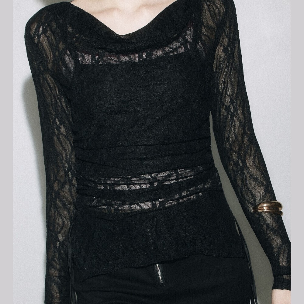 Black Sheer Lace Cowl Neck Long Sleeve Ruched Waist Top